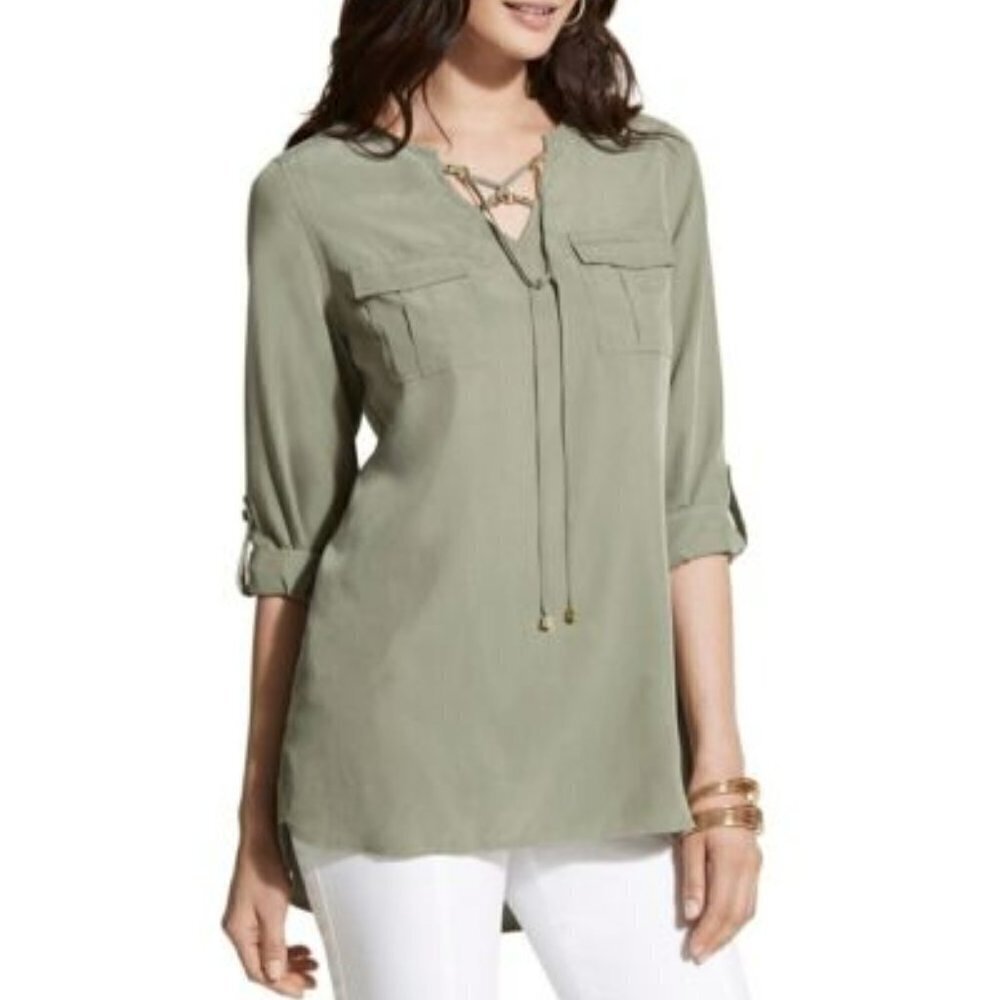 CHICO'S Gray Size 1 (Med) Secretly Smooth Linda Top Lace-Up Long Sleeve Roll Tab